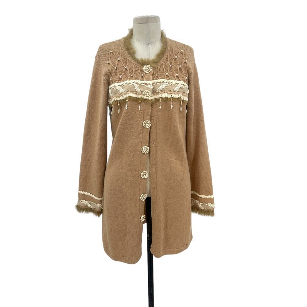 Storybook Knits Pearl Beaded Fur Trimmed Cardigan‎ Sweater Tan Camel Size Small